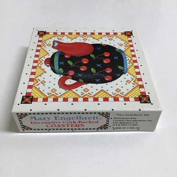 Mary Engelbreit Teapot Coasters Cork Back 4” Square Box SET OF 6 Vintage Cottage - Picture 12 of 16
